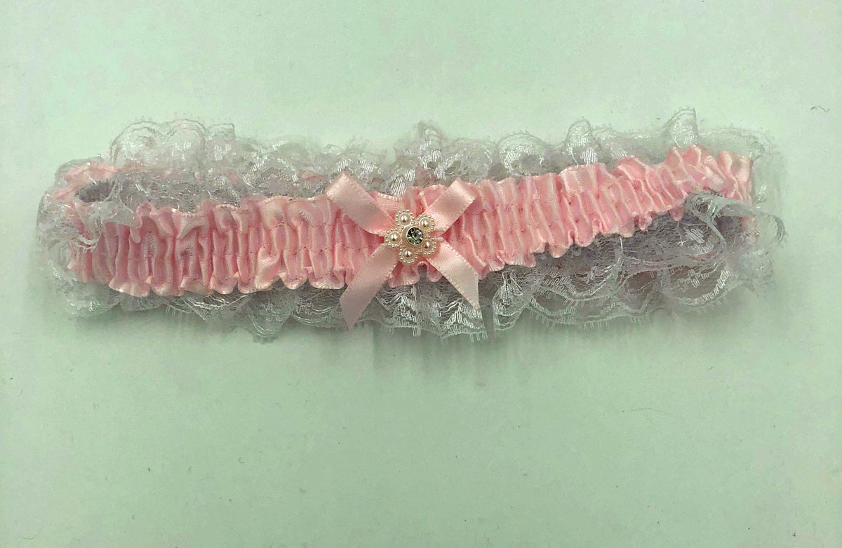 Satin Leg Garter - One Size - Baby Pink With White Lace Default Title