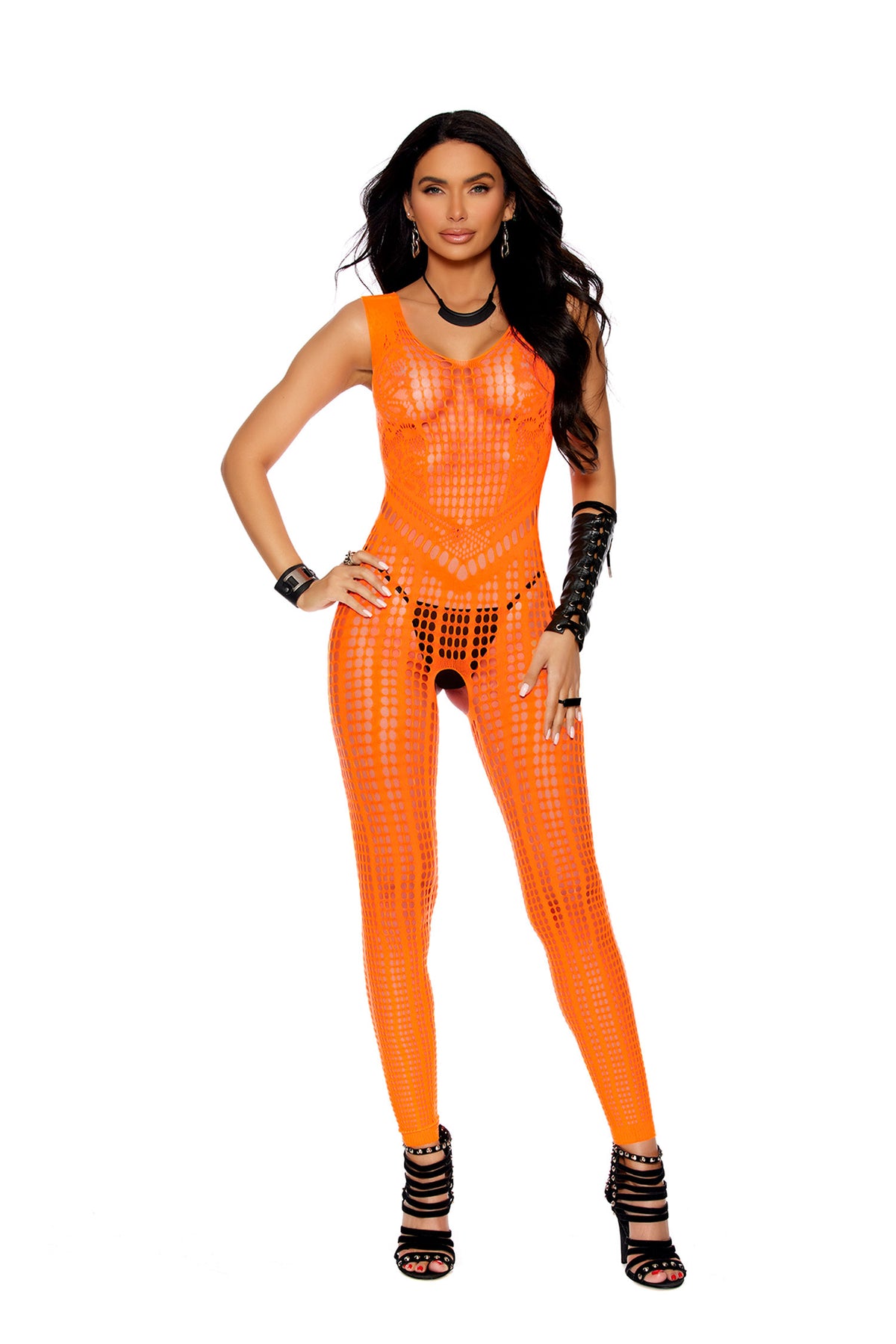 Crochet Footless Bodystocking With Open Crotch - One Size - Orange Default Title