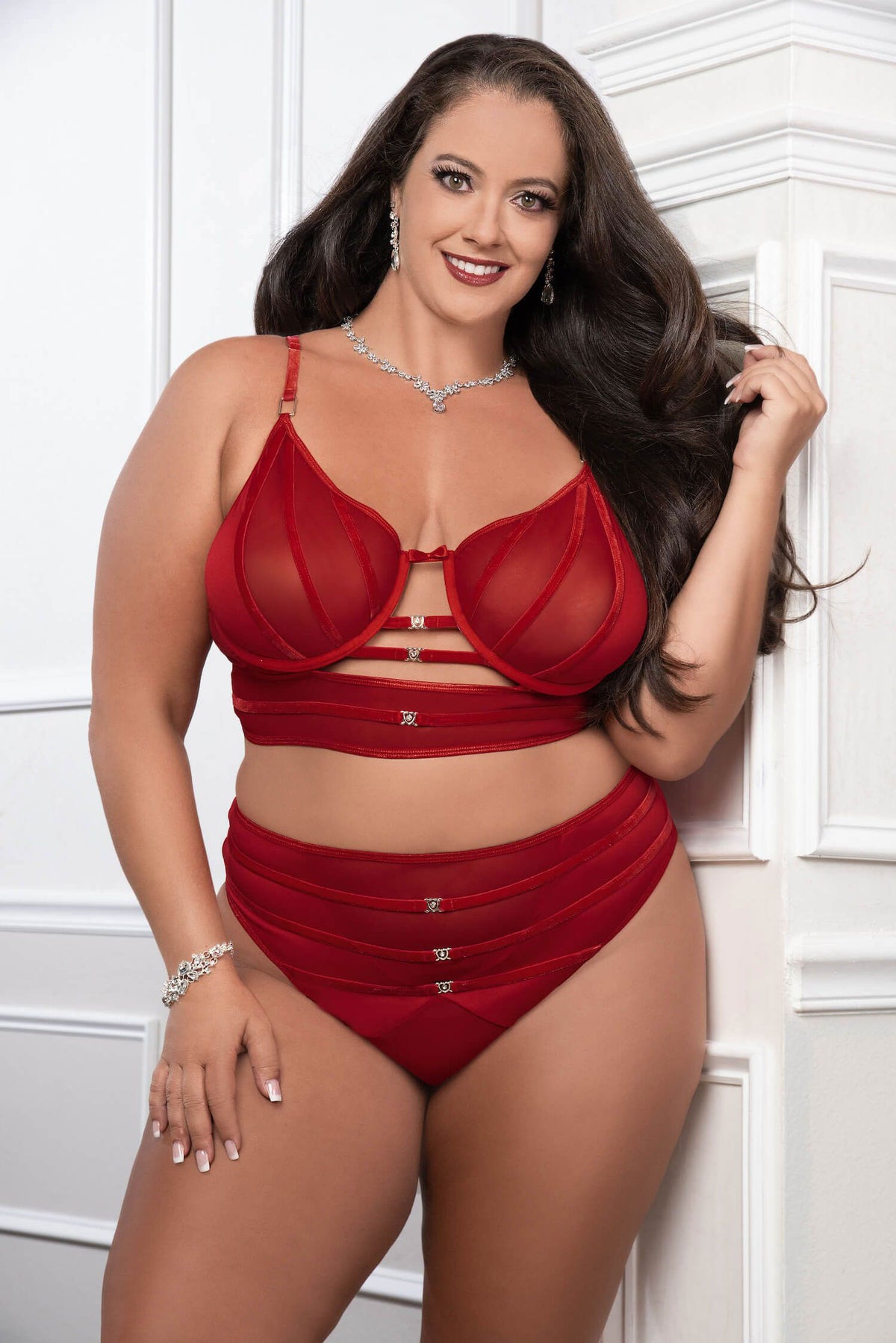 Red 2pc Satin Bra and High Waist Panty - Queen Size