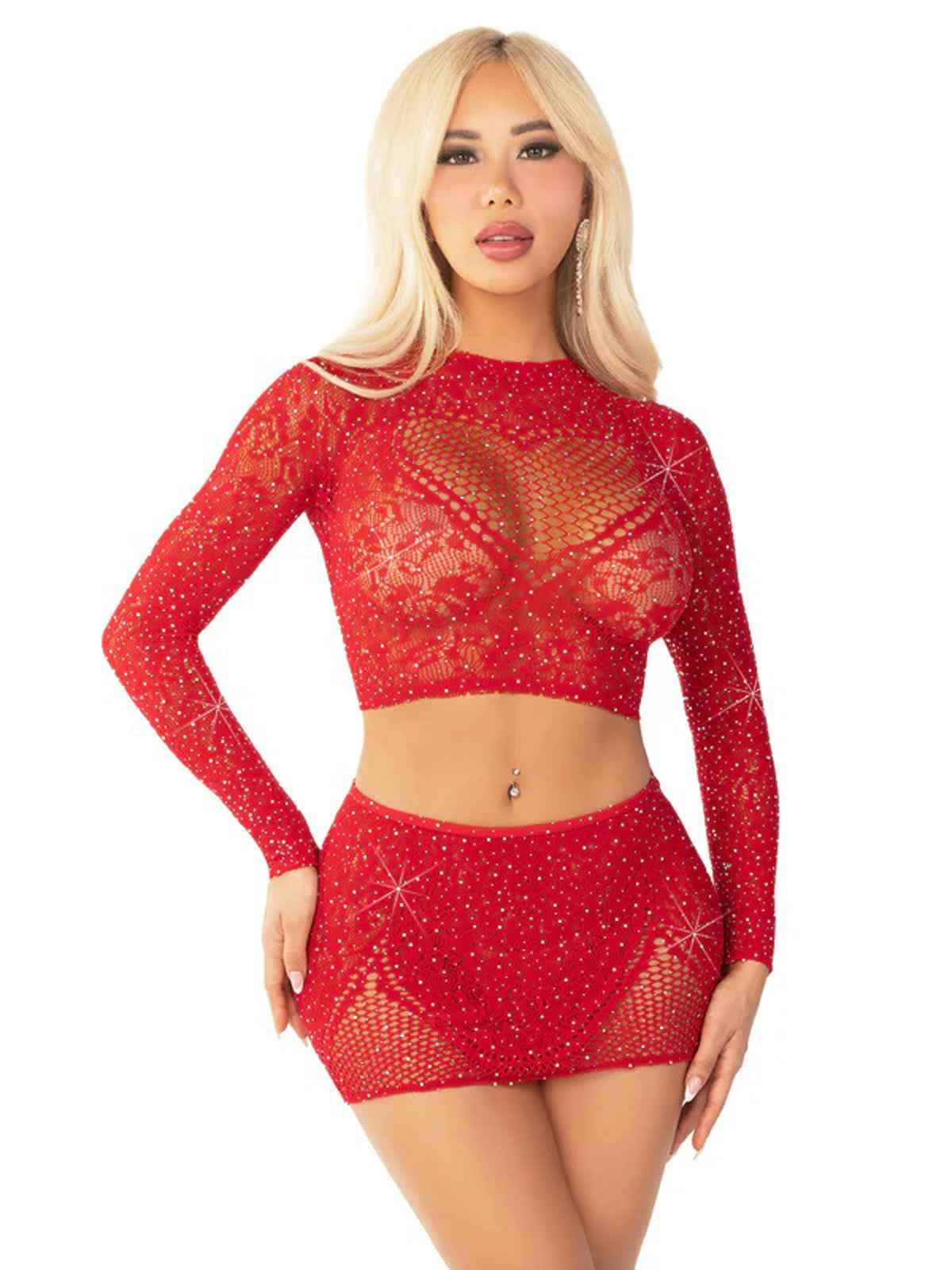 Red 2pc Rhinestone Lace and Net Crop Top With - Heart Keyhole Mini Skirt - Os Default Title