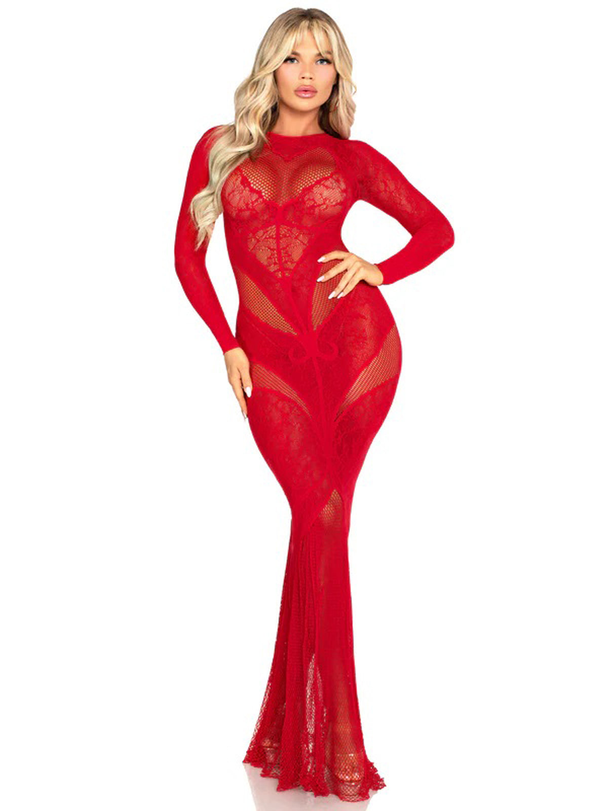 Red Lace and Net Body Con Gown -  With Heart Keyhole Detail - Os