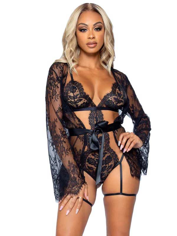 All Romance Lace Teddy and Robe Set - Medium - Black