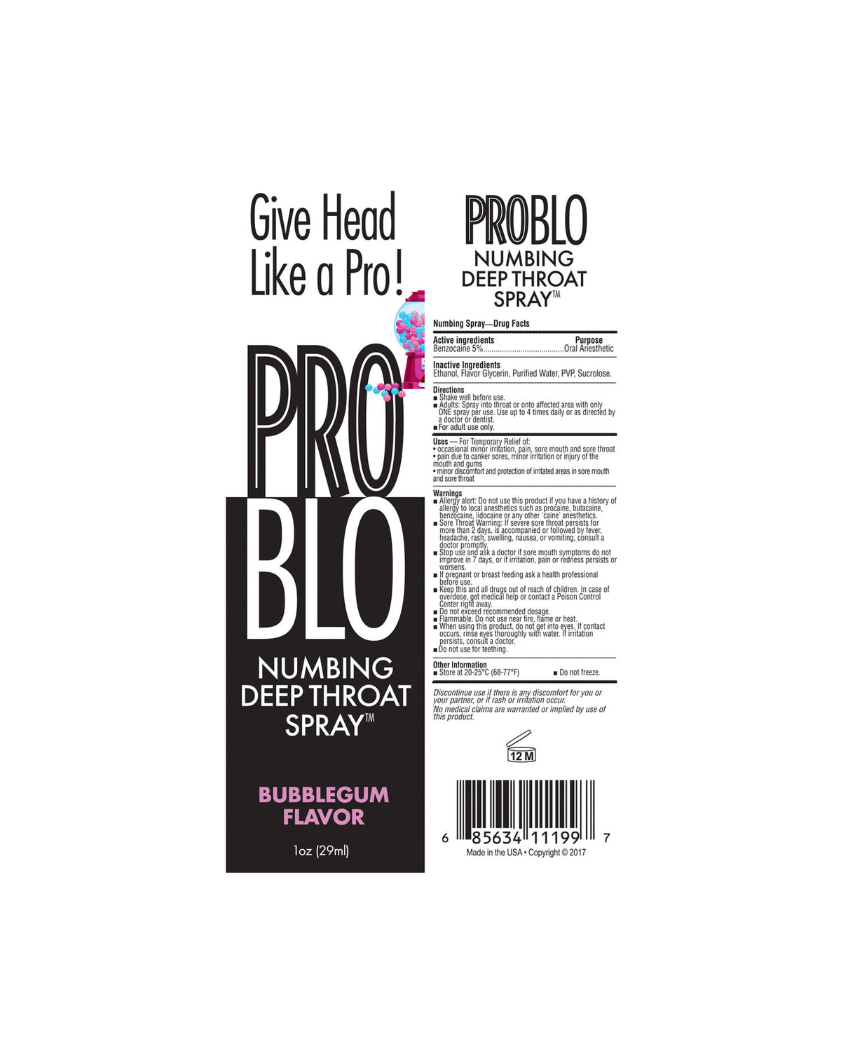 Pro Blo Throat Numbing Spray 1oz - Bubblegum