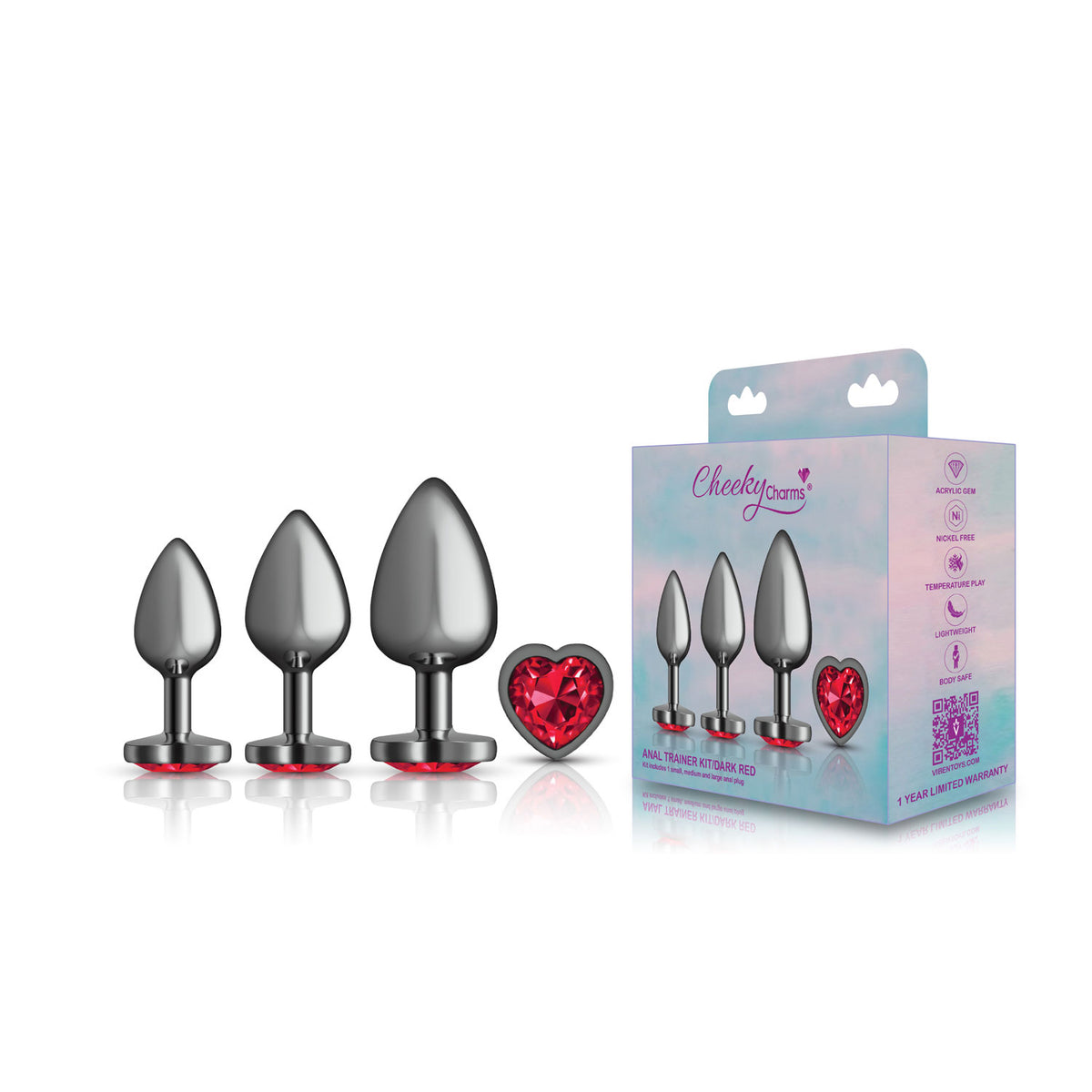 Presale Only - Cheeky Charms - Metal Butt Plug Gunmetal - Heart Dark Red - Anal Trainer Kit