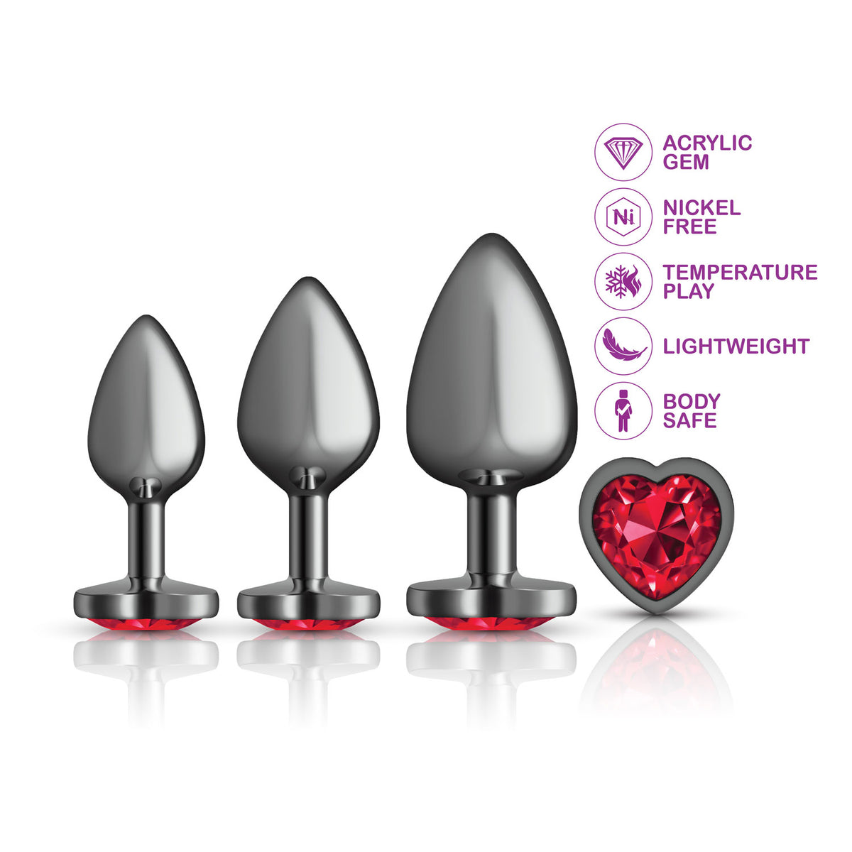 Presale Only - Cheeky Charms - Metal Butt Plug Gunmetal - Heart Dark Red - Anal Trainer Kit