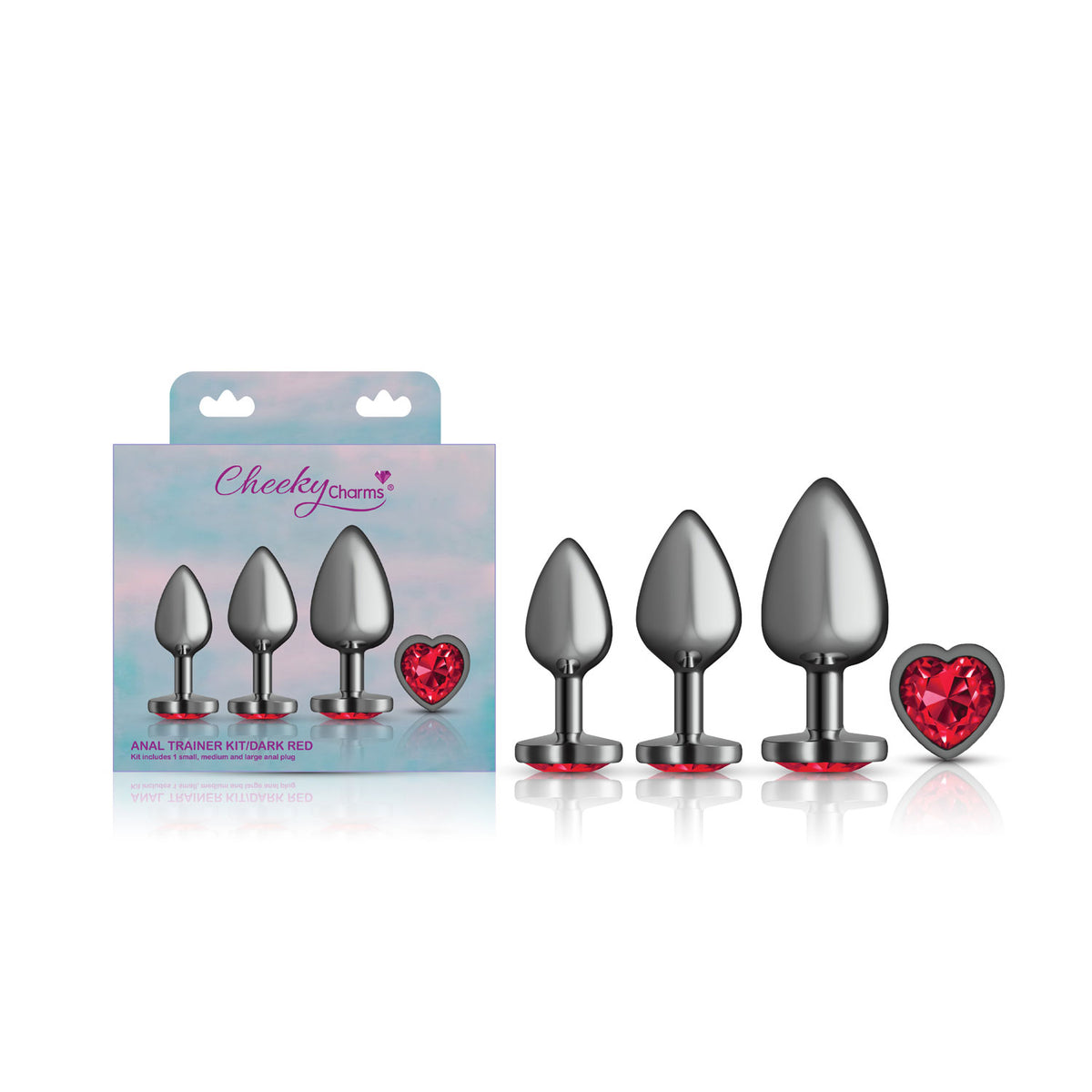 Presale Only - Cheeky Charms - Metal Butt Plug Gunmetal - Heart Dark Red - Anal Trainer Kit