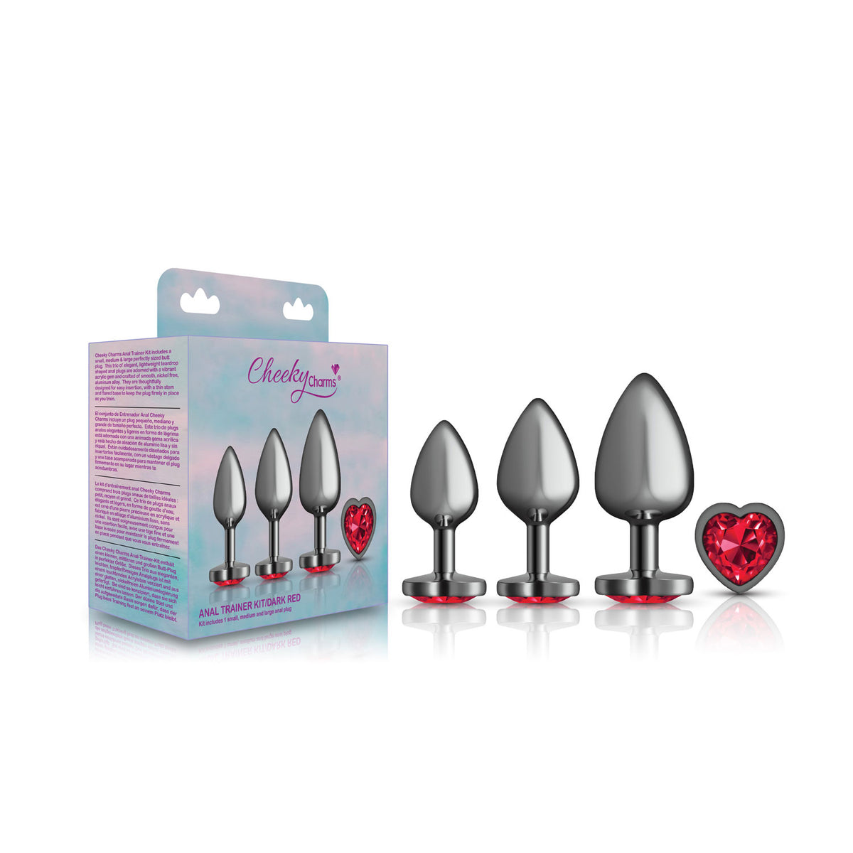 Presale Only - Cheeky Charms - Metal Butt Plug Gunmetal - Heart Dark Red - Anal Trainer Kit