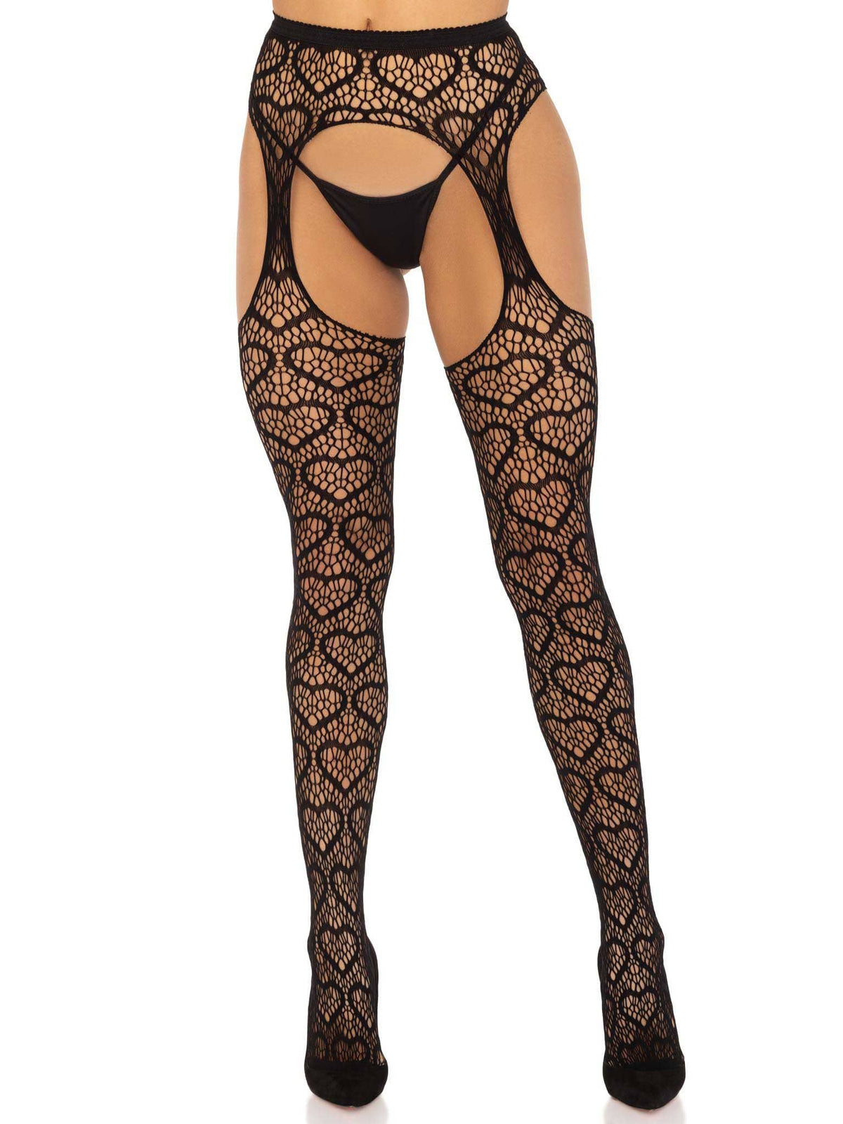 Heart Net Suspender Pantyhose - One Size - Black Default Title