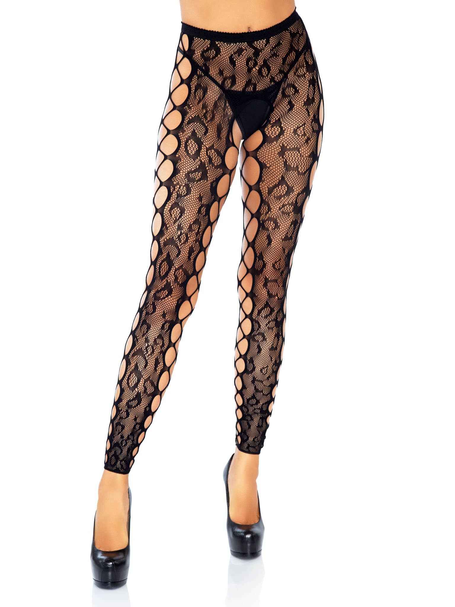 Footless Leopard Lace Crotchless Tights - Black Default Title