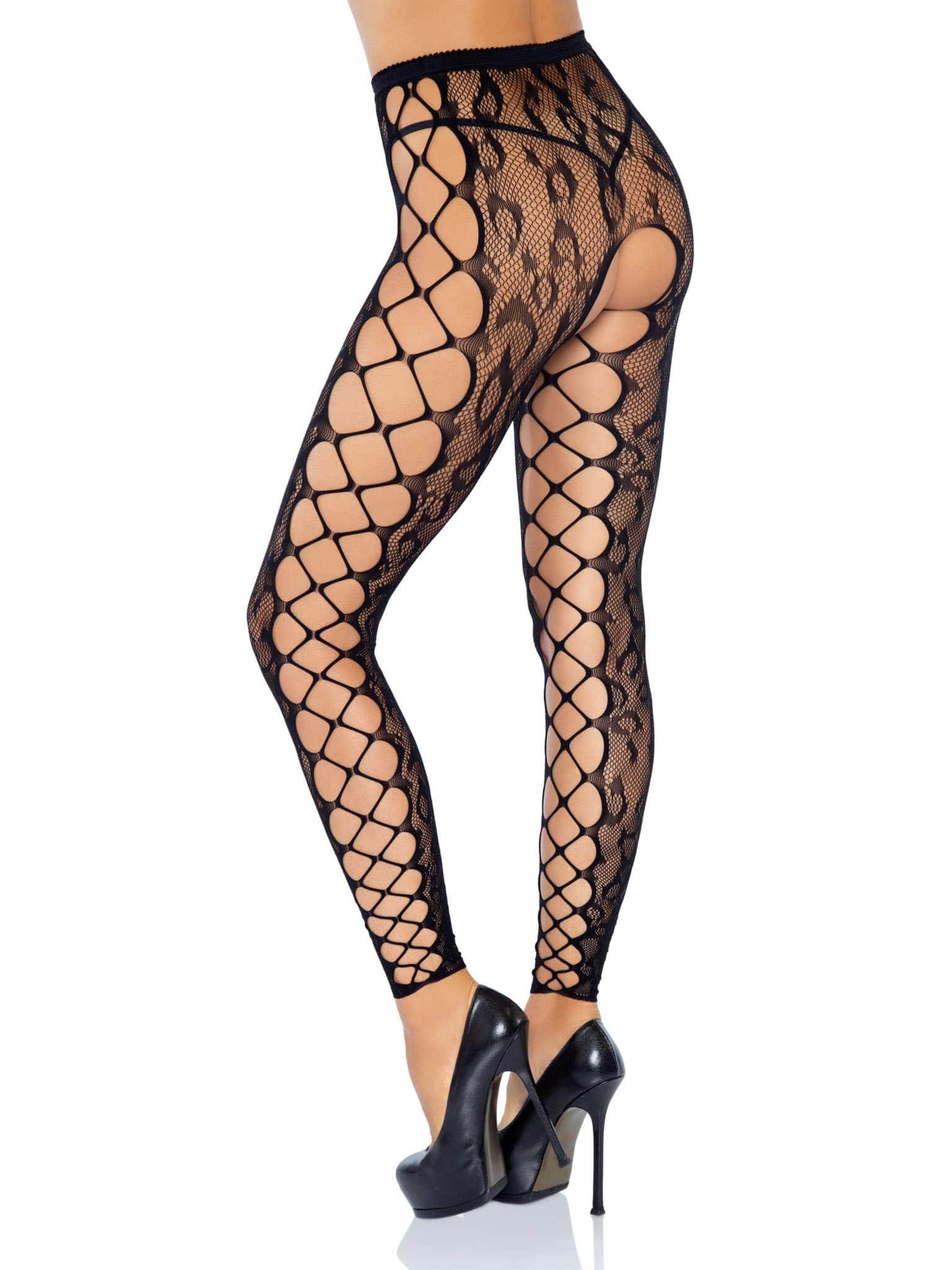 footless leopard lace crotchless tights black