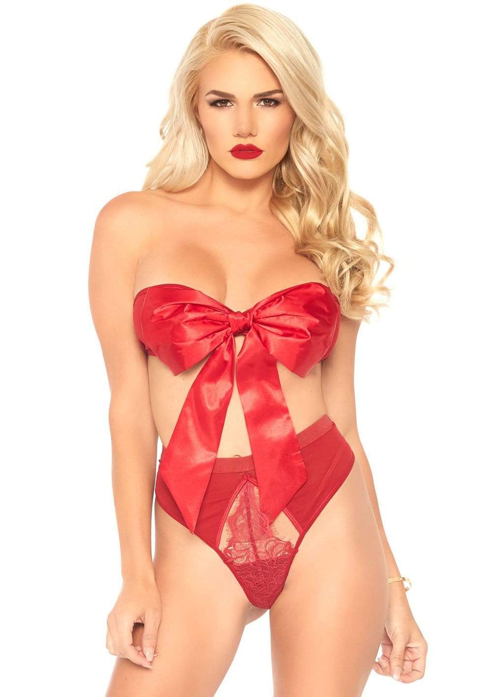 2 Pc Satin Ribbon Gift Bandeau With Hook-N-Eye Back and Matching G-String - Red - Large Default Title