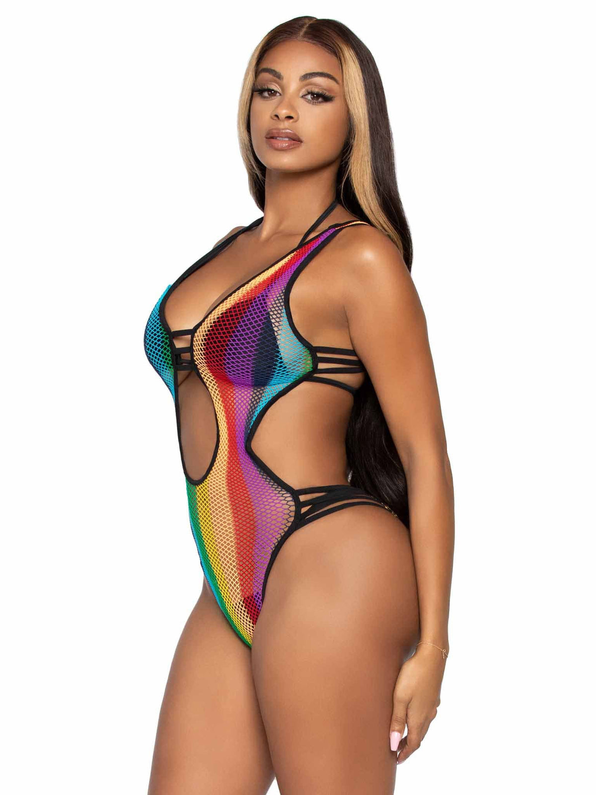 rainbow fishnet cut out bodysuit with strappy bikini back one size multicolor