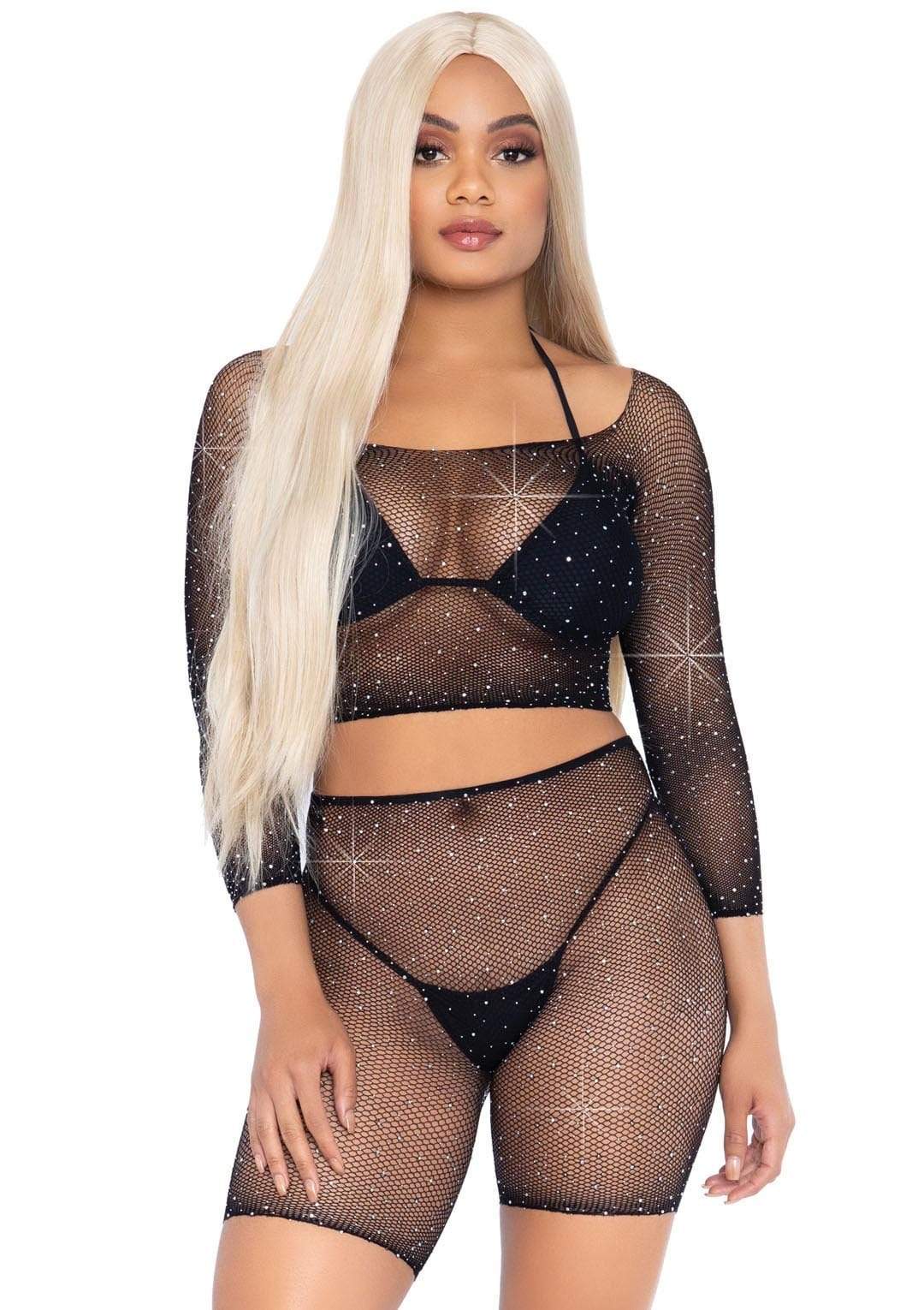 2 Pc Rhinestone Fishnet Crop Top and Biker Shorts - Black - One Size Default Title