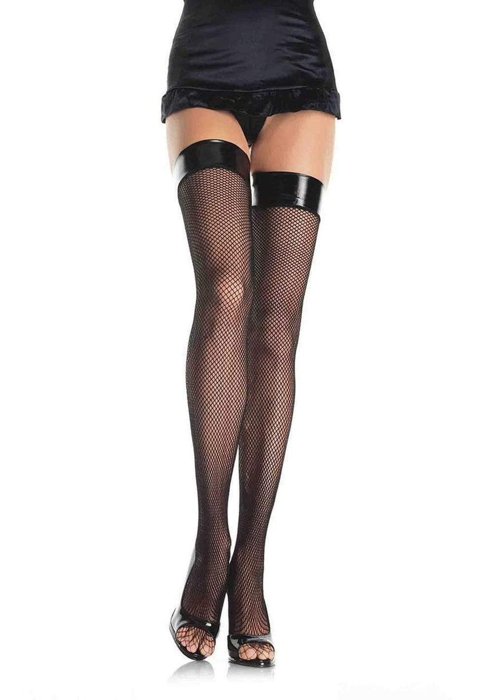 vinyl top fishnet thigh highs one size black