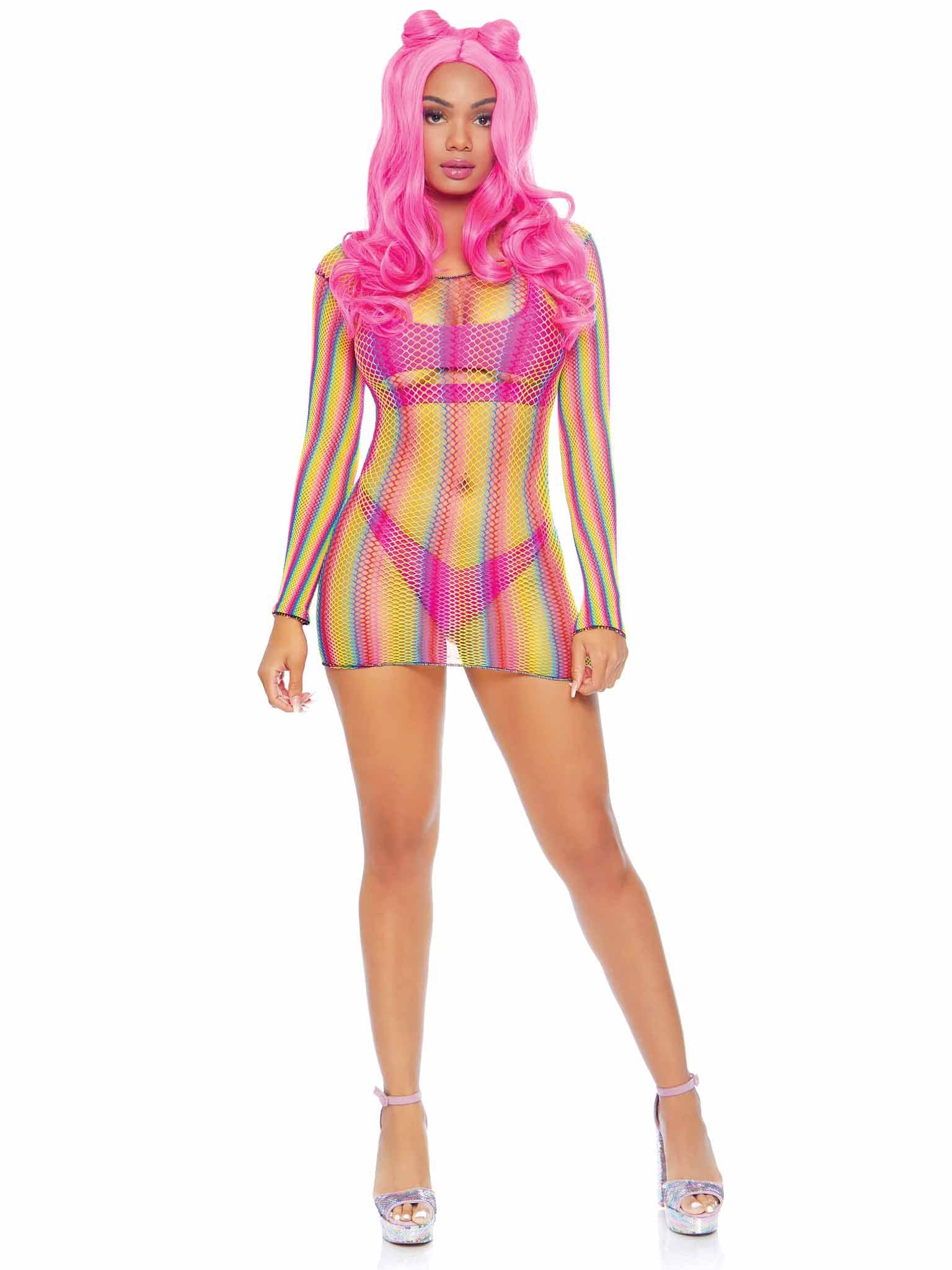 Rainbow Fishnet Long Sleeved Mini Dress - One Size - Rainbow Default Title