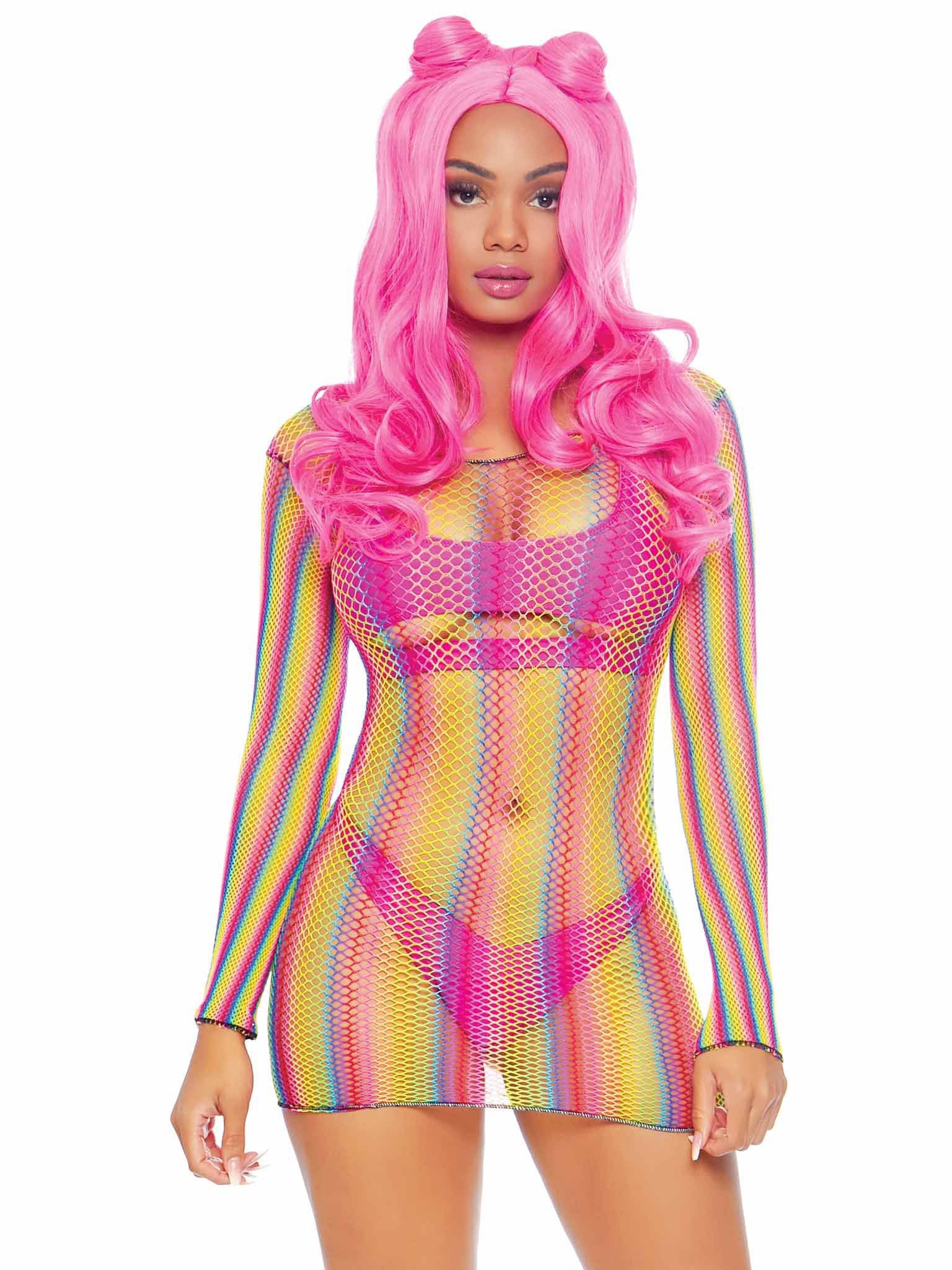 Rainbow Fishnet Long Sleeved Mini Dress - One Size - Rainbow Default Title