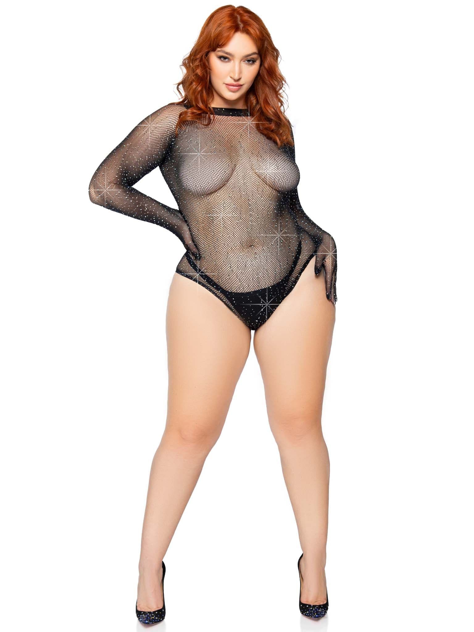 rhinestone snap crotch gloved bodysuit 1x 2x black